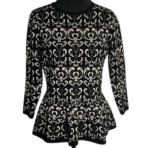 ASOS Black Gold Jacquard Knit Peplum Top Blouse Fit Flare Long Sleeve Women's 8